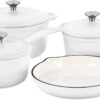 Basque Enameled Cast Iron Cookware Set (Blanc White), 7-Piece Set, Nonstick, Oversized Handles, Oven Safe; 10.25" Skillet, 2QT Saucepan, 2.25QT Small Dutch Oven, 4.75QT Large Dutch Oven