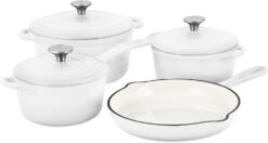 Basque Enameled Cast Iron Cookware Set (Blanc White), 7-Piece Set, Nonstick, Oversized Handles, Oven Safe; 10.25