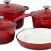 Basque Enameled Cast Iron Cookware Set (Rouge Red), 7-Piece Set, Nonstick, Oversized Handles, Oven Safe; 10.25" Skillet, 2QT Saucepan, 2.25QT Small Dutch Oven, 4.75QT Large Dutch Oven