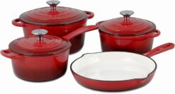 Basque Enameled Cast Iron Cookware Set (Rouge Red), 7-Piece Set, Nonstick, Oversized Handles, Oven Safe; 10.25