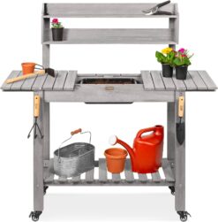 Best Choice Products Mobile Garden Potting Bench, Outdoor Wood Workstation Table w/Sliding Tabletop, 4 Locking Wheels, Food Grade Dry Sink, Storage Shelves - Gray Stain Finish