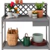 Best Choice Products Outdoor Garden Potting Bench, Wooden Workstation Table w/Cabinet Drawer, Open Shelf, Lower Storage, Lattice Back - Gray
