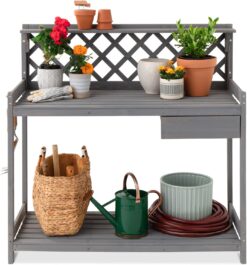 Best Choice Products Outdoor Garden Potting Bench, Wooden Workstation Table w/Cabinet Drawer, Open Shelf, Lower Storage, Lattice Back - Gray