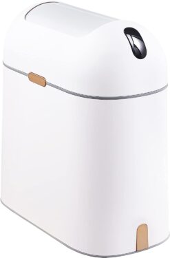 ELPHECO Motion Sensor Bathroom Trash Can, 2.5 Gallon Waterproof Trash Bin with Butterfly lid, Bathroom Waste Basket Garbage Bin for Bedroom Kitchen and Office use, White with Golden Button