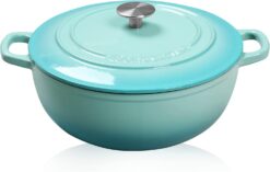 Enameled Cast Iron Dutch Oven 5 Quart, Round dutch ovens Pot with Lid Suitable For Bread Baking, Peacock Blue