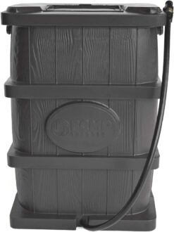 FCMP Outdoor Wood Grain 45-Gallon Rain Barrel - Water Rain Catcher Barrel with Flat Back for Watering Outdoor Plants, Gardens, and Landscapes, Grey