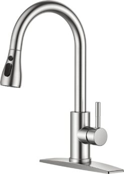 FORIOUS Kitchen Faucets, Brushed Nickel Kitchen Faucet with Pull Down Sprayer, High Arc Single Handle Stainless Steel Sink Faucets 1 or 3 Hole, Kitchen Sink Faucets for Farmhouse Camper Laundry Rv Bar