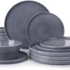 Famiware Annecy Dinner Plates and Bowls Sets, Stoneware Dinnerware Sets, Dishes Set for 4, 12 Pieces Handmade Dishware Set - Double Reactive Glaze, Grey-Blue