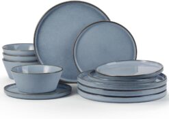 Famiware Annecy Dinner Plates and Bowls Sets, Stoneware Dinnerware Sets, Dishes Set for 4, 12 Pieces Handmade Dishware Set - Double Reactive Glaze, Reactive Blue