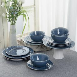 Famiware Aurora Plates and Bowls Sets, 12 Piece Dinnerware Sets, Dishes Set for 4, Irregular Stoneware Plate Set, Reactive Glaze, Microwave & Dishwasher Safe, Scractch-resistant, Lagoon Blue
