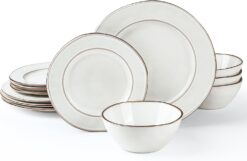Famiware Aurora Plates and Bowls Sets, 12 Piece Dinnerware Sets, Dishes Set for 4, Irregular Stoneware Plate Set, Reactive Glaze, Microwave & Dishwasher Safe, Scractch-resistant, Pearl White