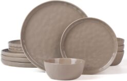 Famiware Mars Plates and Bowls Set, 12 Pieces Dinnerware Sets, Dishes Set for 4, Cinnamon Brown