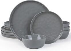 Famiware Mars Plates and Bowls Set, 12 Pieces Dinnerware Sets, Dishes Set for 4, Dark Gray