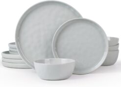 Famiware Mars Plates and Bowls Set, 12 Pieces Dinnerware Sets, Dishes Set for 4, Light Gray