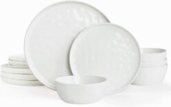 Famiware Mars Plates and Bowls Set, 12 Pieces Dinnerware Sets, Dishes Set for 4, White