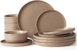 Famiware Milkyway Plates and Bowls Set, 12 Pieces Dinnerware Sets, Dishes Set for 4, Cinnamon Brown