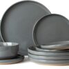 Famiware Milkyway Plates and Bowls Set, 12 Pieces Dinnerware Sets, Dishes Set for 4, Dark Gray