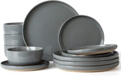 Famiware Milkyway Plates and Bowls Set, 12 Pieces Dinnerware Sets, Dishes Set for 4, Dark Gray