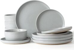 Famiware Milkyway Plates and Bowls Set, 12 Pieces Dinnerware Sets, Dishes Set for 4, Light Gray