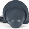 Famiware Moon Dinnerware Sets for 4, 12 Piece Stoneware Plates and Bowls Sets with Speckled Design, Matte Dish Set, Microwave and Dishwasher Safe, Charcoal