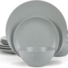 Famiware Moon Dinnerware Sets for 4, 12 Piece Stoneware Plates and Bowls Sets with Speckled Design, Matte Dish Set, Microwave and Dishwasher Safe, Light Grey