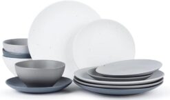 Famiware Moon Dinnerware Sets for 4, 12 Piece Stoneware Plates and Bowls Sets with Speckled Design, Matte Dish Set, Microwave and Dishwasher Safe, Multi-color