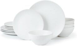 Famiware Moon Dinnerware Sets for 4, 12 Piece Stoneware Plates and Bowls Sets with Speckled Design, Matte Dish Set, Microwave and Dishwasher Safe, White