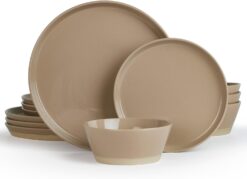 Famiware Saturn Dinnerware Sets, 12 Piece Dish Set, Plates and Bowls Sets for 4, Cinnamon Brown
