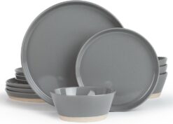 Famiware Saturn Dinnerware Sets, 12 Piece Dish Set, Plates and Bowls Sets for 4, Dark Gray