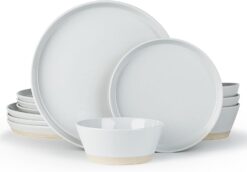 Famiware Saturn Dinnerware Sets, 12 Piece Dish Set, Plates and Bowls Sets for 4, Light Gray