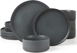 Famiware Star Dinnerware Sets, Plates and Bowls Set for 4, 12 Piece Dish Set, Full Glaze Matte Dark Charcoal