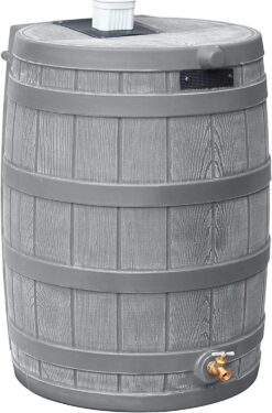 Good Ideas Rain Wizard 50 Gallon Plastic Outdoor Home Water Storage Tank Rain Barrel Collector with Brass Spigot and Flat Back Design, Gray