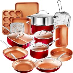 Gotham Steel 20 Pc Pots and Pans Set Nonstick Cookware + Bakeware Set, Complete Ceramic for Kitchen, Non Stick with Lids, Dishwasher / Oven Safe, Toxic - Red