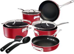 Gotham Steel STACKMASTER Pots Stackable 10 Piece Cookware Set Ultra Nonstick Cast Texture Coating Includes Fry Pans, Red
