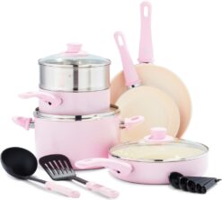 GreenLife Soft Grip Healthy Ceramic Nonstick 12 Piece Cookware Pots and Pans Set, PFAS-Free, Dishwasher Safe, Pink