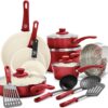 GreenLife Soft Grip Healthy Ceramic Nonstick 16 Piece Kitchen Cookware Pots and Frying Sauce Saute Pans Set, PFAS-Free with Kitchen Utensils and Lid, Dishwasher Safe, Red