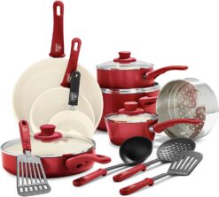 GreenLife Soft Grip Healthy Ceramic Nonstick 16 Piece Kitchen Cookware Pots and Frying Sauce Saute Pans Set, PFAS-Free with Kitchen Utensils and Lid, Dishwasher Safe, Red