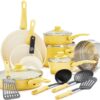 GreenLife Soft Grip Healthy Ceramic Nonstick 16 Piece Kitchen Cookware Pots and Frying Sauce Saute Pans Set, PFAS-Free with Kitchen Utensils and Lid, Dishwasher Safe, Yellow