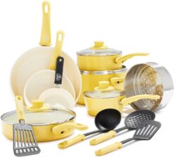 GreenLife Soft Grip Healthy Ceramic Nonstick 16 Piece Kitchen Cookware Pots and Frying Sauce Saute Pans Set, PFAS-Free with Kitchen Utensils and Lid, Dishwasher Safe, Yellow