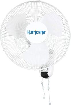 Hurricane Classic 16 Inch 90 Degree Oscillating Indoor Wall Mounted 3 Speed Plastic Blade Fan with Adjustable Tilt and Pull Chain Control, White