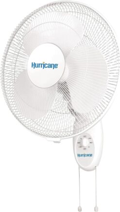 Hurricane Supreme 16 Inch 90 Degree Oscillating Indoor Wall Mounted 3 Speed Plastic Blade Fan with Adjustable Tilt and Pull Chain Control, White