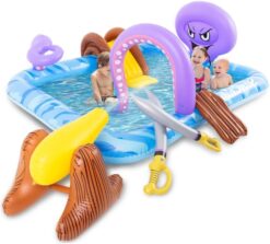 Inflatable Play Center, Inflatable Octopus Spray Pool with Base Pool Slide Wooden Block Octopus Blow up Water Slides for Kids Adults Outdoor Backyard