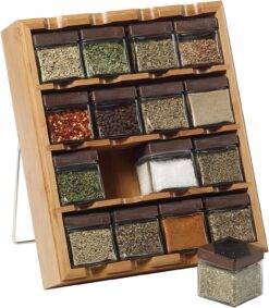 Kamenstein Jar Bamboo 3-in-1 Spice Organizer for Countertop, Wall, and Drawer with Spices Included, FREE Spice Refills for 5 Years, Lift & Pour Caps , 16 Count ( Pack of 1)