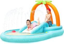 Kiddie Pool, Evajoy Inflatable Play Center Kiddie Pool with Slide, Water Sprayers Kids Pool for Backyard, Thicken Wear-Resistant Swimming Pool for Toddler Kids Children, Garden Backyard 110”x71”x53”