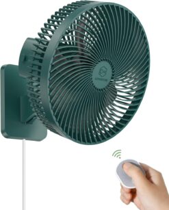 LEMOISTAR 10 Inch Wall Mounted Fan with Remote, AC/DC(12V), 90°Oscillating, High Velocity 4 Speeds Timer, Adjustable Tilt,5.9 ft Cord, Ultra Quiet,for Bedroom,Garage, RV,Office,Home-Green