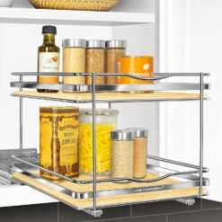 LYNK PROFESSIONAL® Élite™ Pull Out Spice Rack Organizer for Cabinet - 10-1/4 inch Wide - Slide Out Rack - Wood and Chrome Sliding Spice Organizer Shelf - 2 Tier