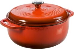 Lodge 7.5 Quart Enameled Cast Iron Dutch Oven with Lid – Dual Handles – Oven Safe up to 500° F or on Stovetop - Use to Marinate, Cook, Bake, Refrigerate and Serve – Poppy