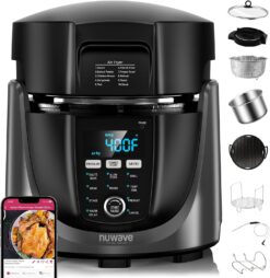 Nuwave Duet Electric Pressure Cooker & Air Fryer Combo, 450 IN 1 Slow Cooker & Grill with Integrated Digital Temp Probe, 6qt SS Pot, Adjustable High/Low Pressure, Built-in Sure-Lock Safety Tech