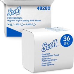 Scott® Hygienic High-Capacity Folded Tissue (48280), 2-Ply, White, Single Pull, (250 Sheets/Pack, 36 Packs/Case, 9000 Sheets/Case)