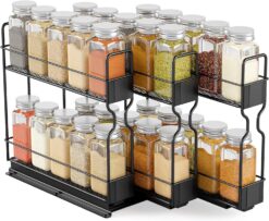 SpaceAid Pull Out Spice Rack Organizer with 30 Jars for Cabinet, Slide Out Seasoning Kitchen Organizer, Cabinet Organizer, with Labels, 7.7